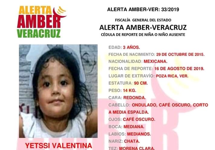 Activan Alerta Amber por rapto de niña de 3 años, en Poza Rica