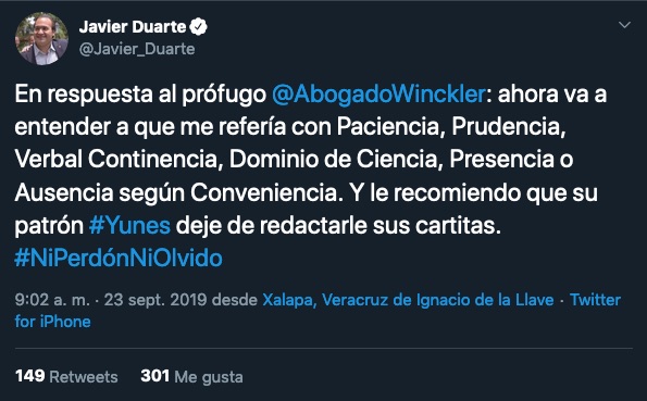 Javier Duarte envía peculiar saludo a Jorge Winckler, ¡desde Xalapa!